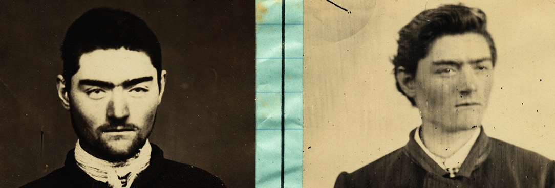 Black and white mugshot of Ned Kelly from prison file